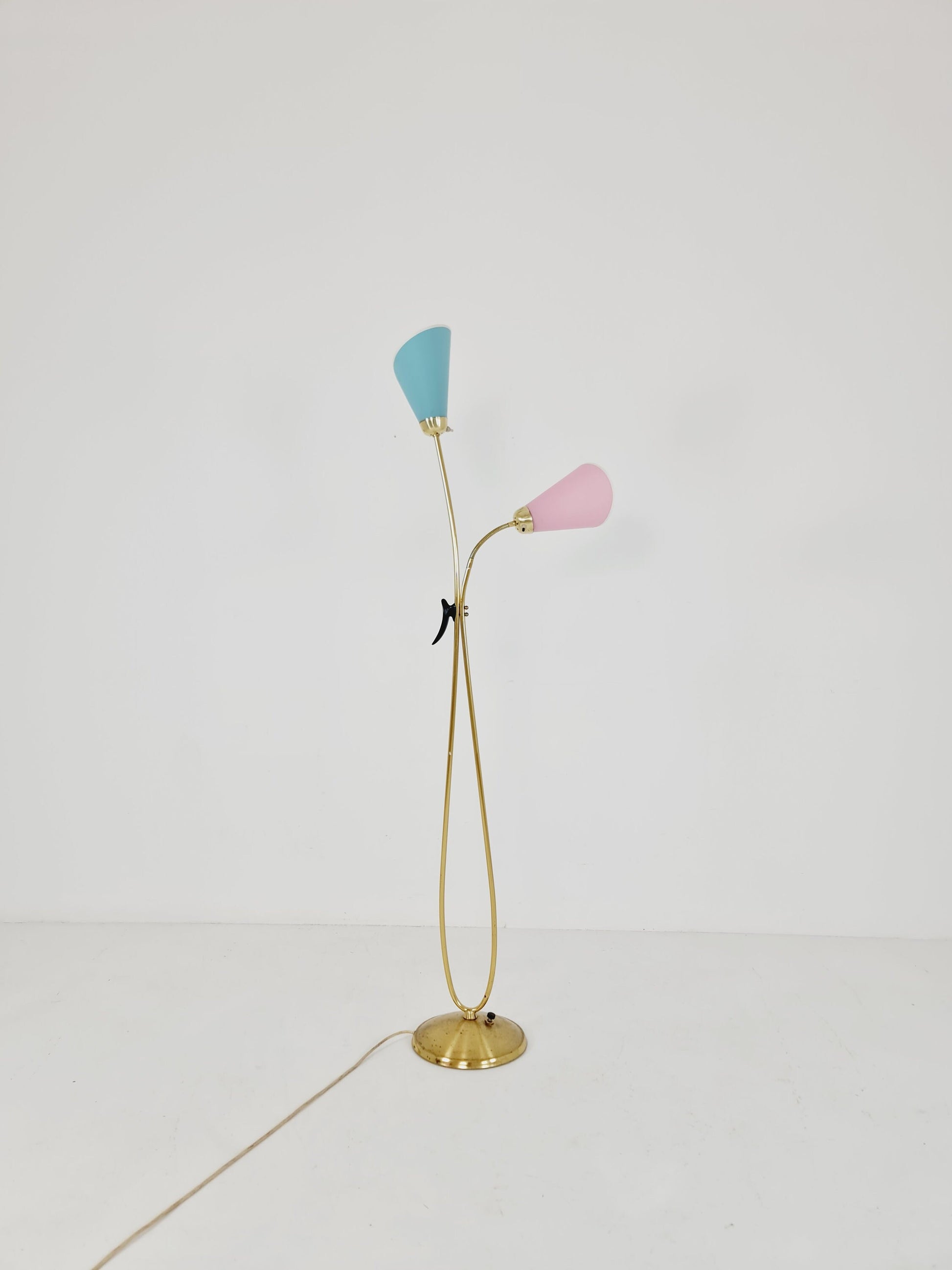 Mid century brass German Arc floor lamp with flex arms, 1960s