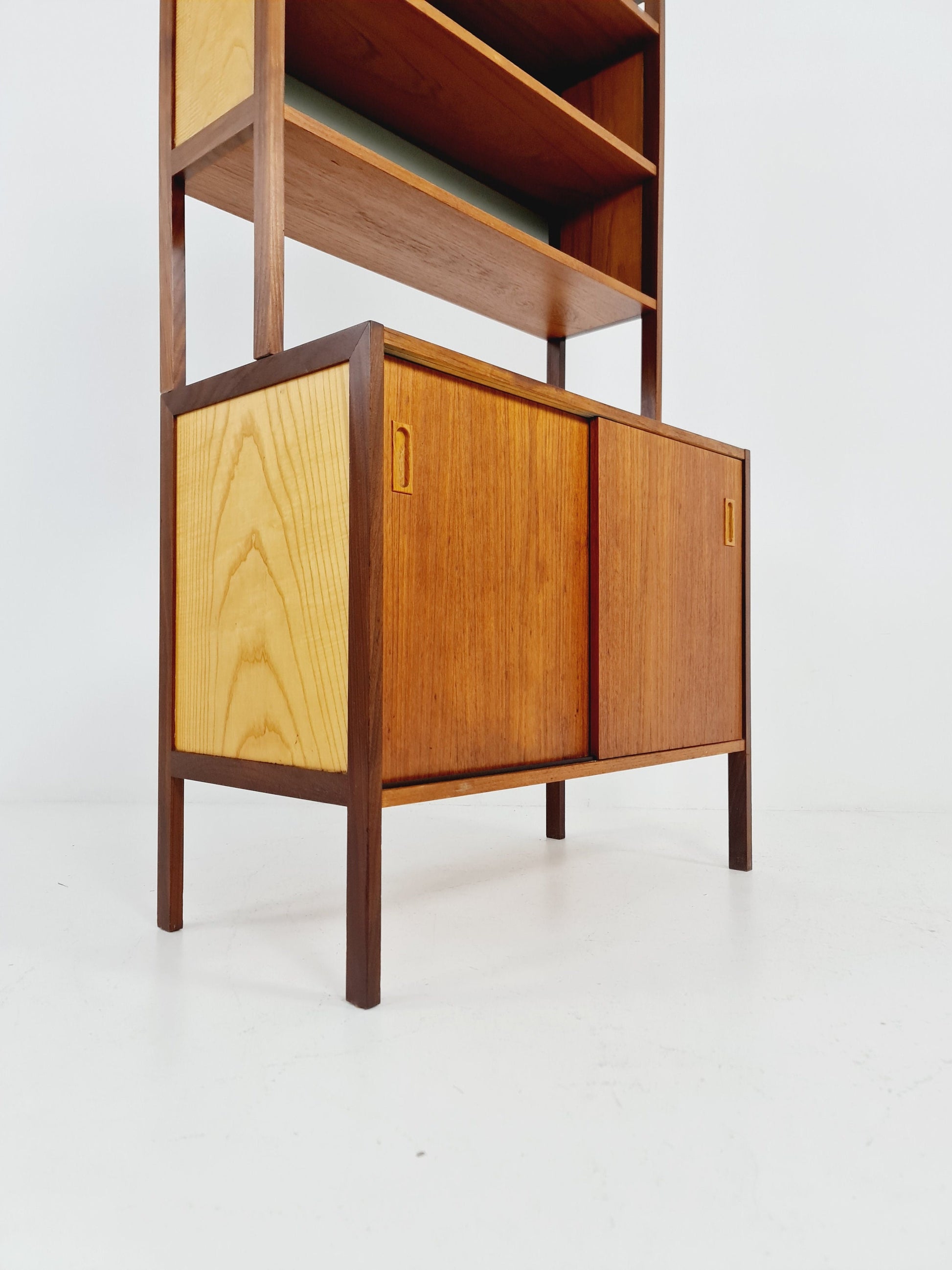 Mid-century Danish vintage teak & beech 2 parts bookshelf cabinet by Gillis Lundgren, 1960s