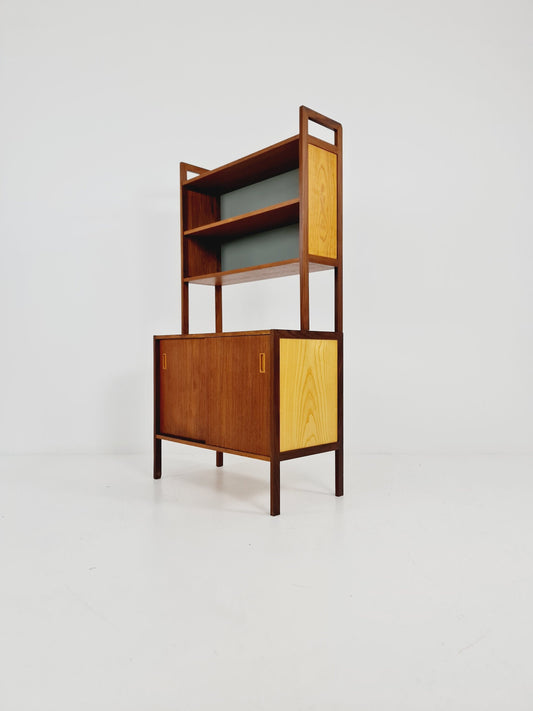 Mid-century Danish vintage teak & beech 2 parts bookshelf cabinet by Gillis Lundgren, 1960s