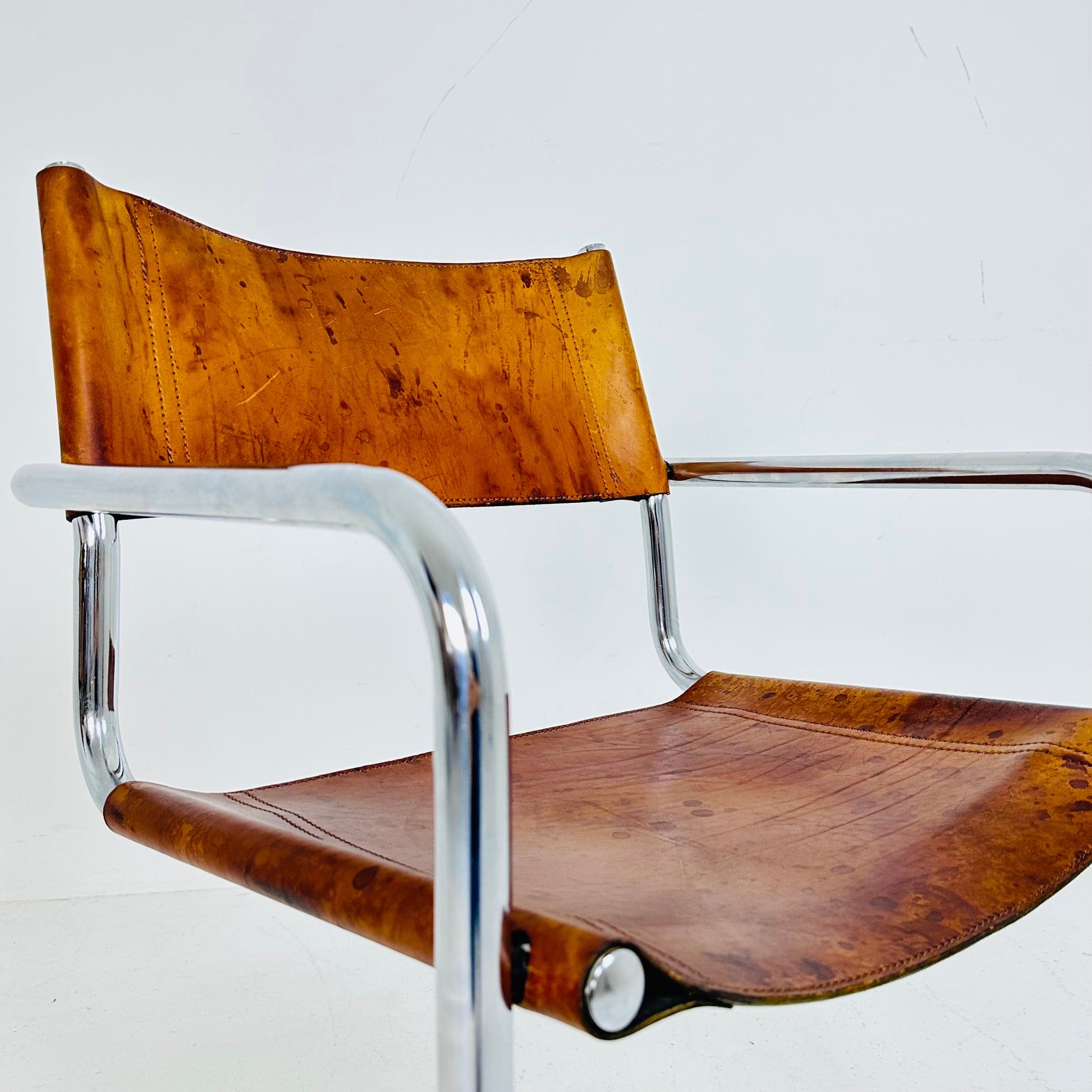 1 of 3 Vintage Model S34 Cognac Saddle Leather Dining Chairs by Mart Stam & Marcel Breuer 1980s