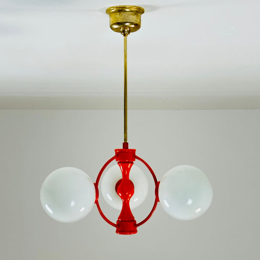 Mid century German Atomic orange Kaiser chandelier with 3 globes. 1960s