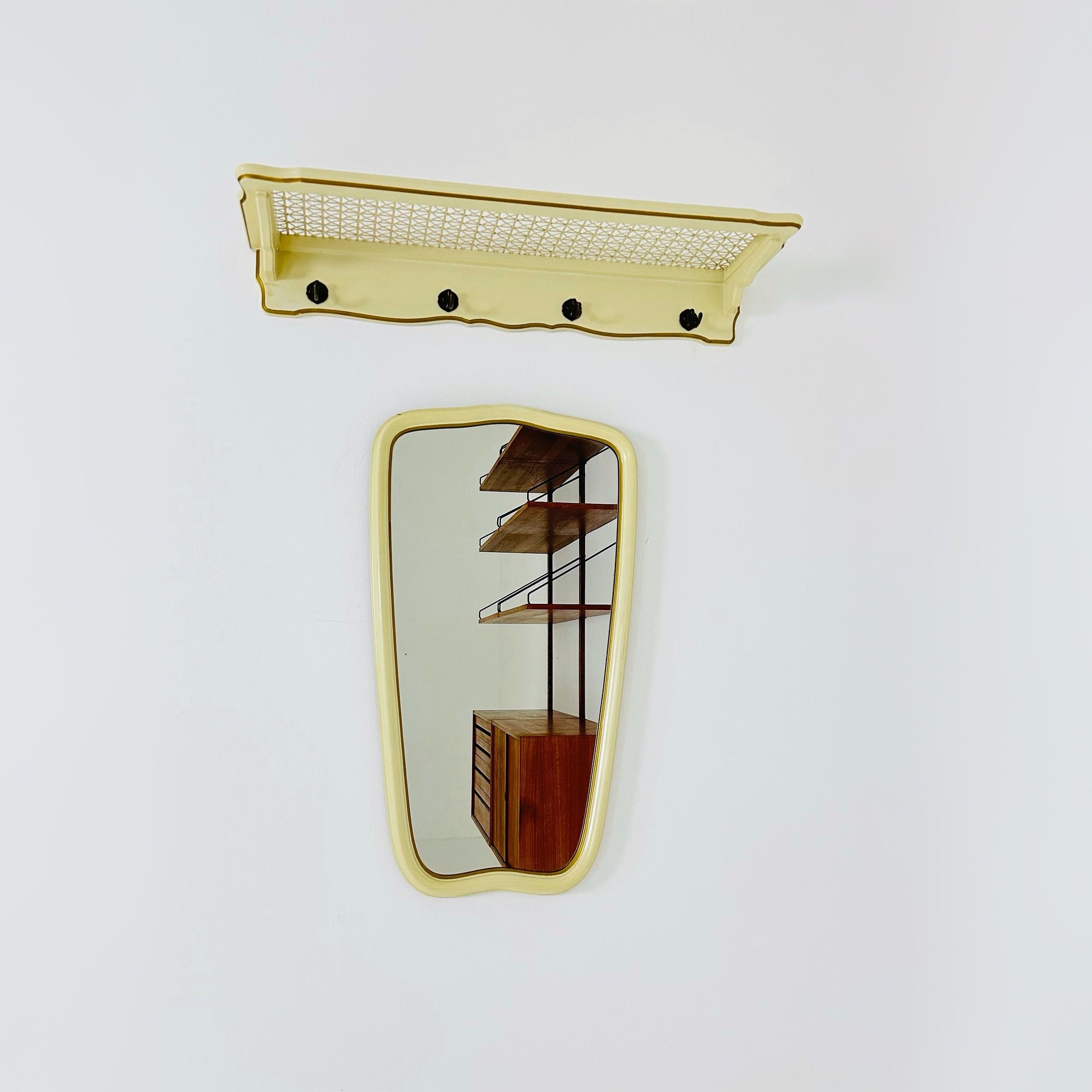 Mid-century wooden Frame Minimalist Mirror and shelf , 1950s, Germany by Mann Möbel