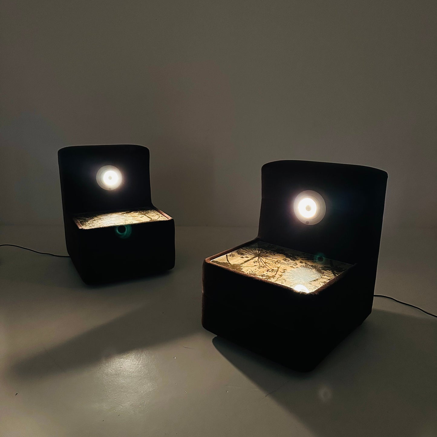 Pair of Spaceage nightstands in brown velor with spot lights 1970s France