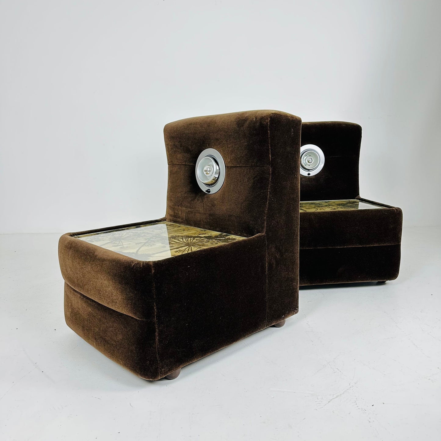 Pair of Spaceage nightstands in brown velor with spot lights 1970s France
