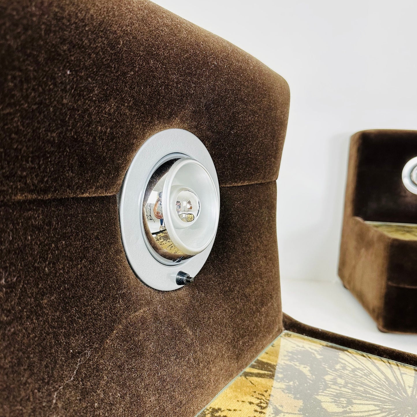 Pair of Spaceage nightstands in brown velor with spot lights 1970s France