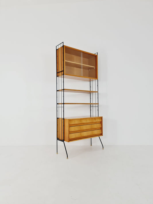 Freestanding string shelf-system unit bookcase Oak & metal by Silverschild Germany, 1950s