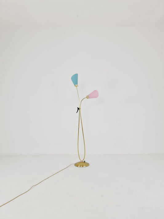 Mid century brass German Arc floor lamp with flex arms, 1960s
