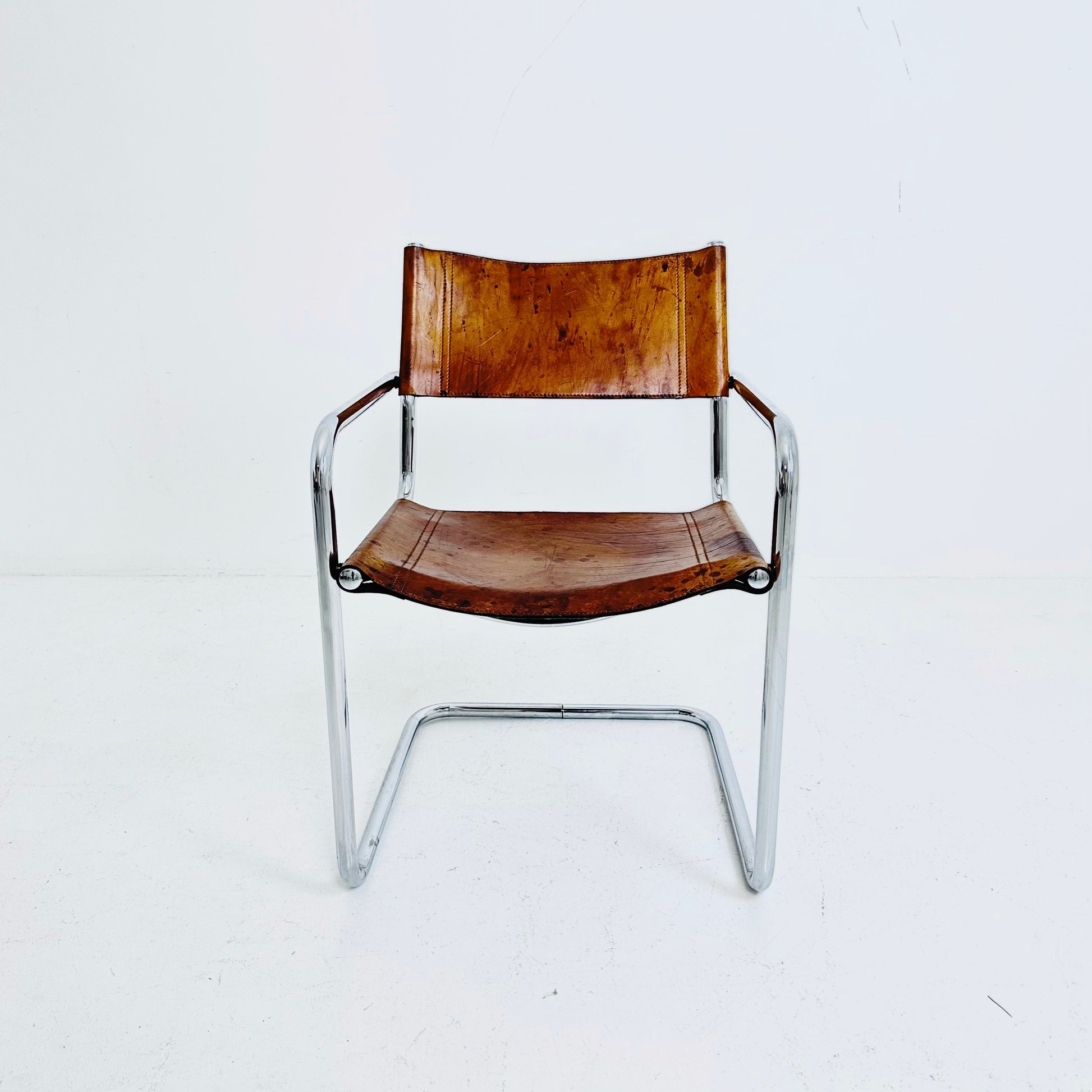 1 of 3 Vintage Model S34 Cognac Saddle Leather Dining Chairs by Mart Stam & Marcel Breuer 1980s