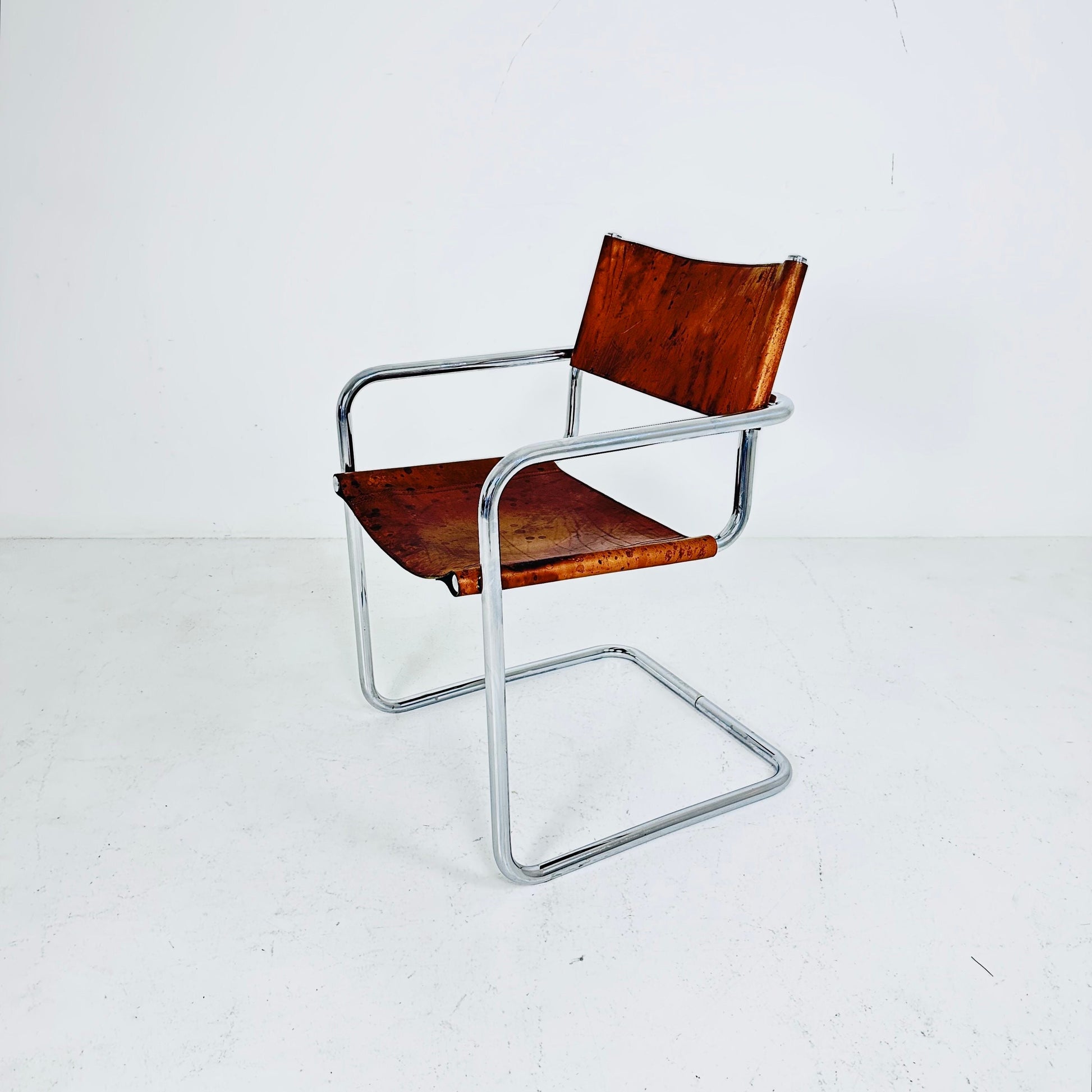 1 of 3 Vintage Model S34 Cognac Saddle Leather Dining Chairs by Mart Stam & Marcel Breuer 1980s