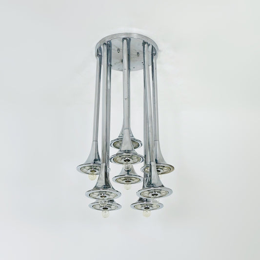 Rare mid century Large horns Reggiani chandelier, Trumpet 1960s Italy