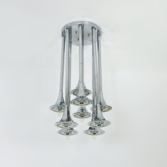 Rare mid century Large horns Reggiani chandelier, Trumpet 1960s Italy