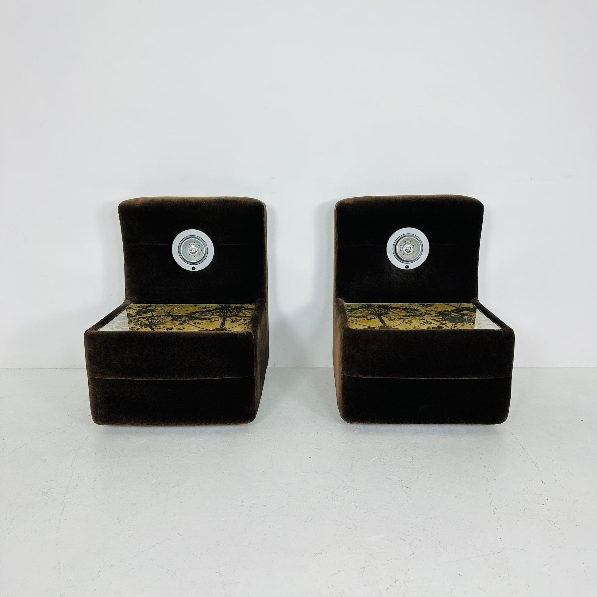 Pair of Spaceage nightstands in brown velor with spot lights 1970s France