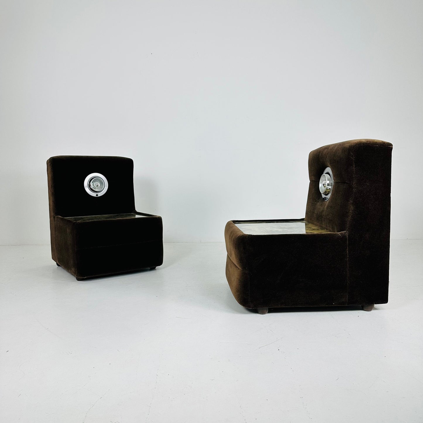 Pair of Spaceage nightstands in brown velor with spot lights 1970s France