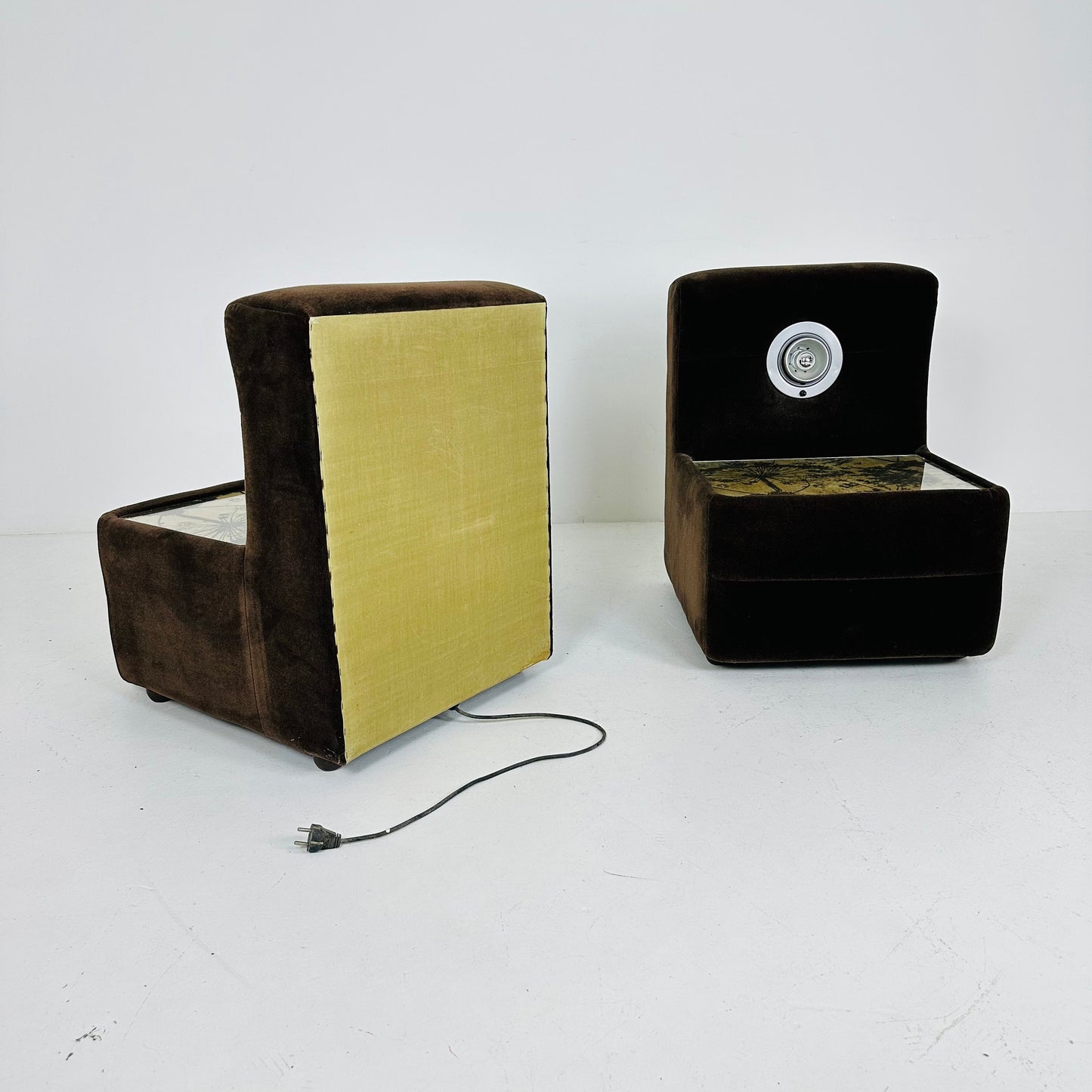Pair of Spaceage nightstands in brown velor with spot lights 1970s France