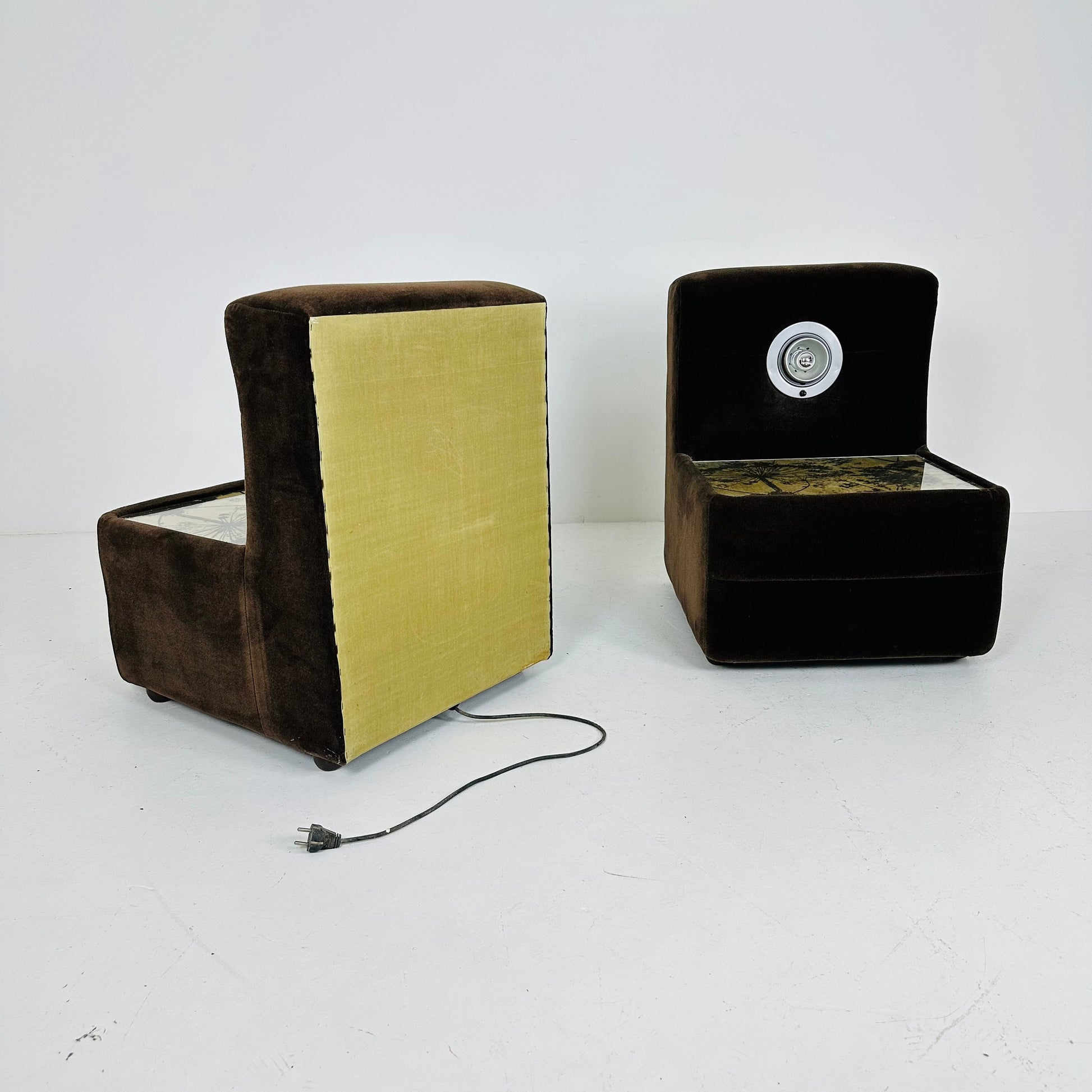 Pair of Spaceage nightstands in brown velor with spot lights 1970s France