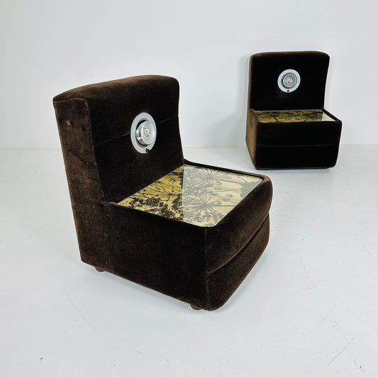 Pair of Spaceage nightstands in brown velor with spot lights 1970s France