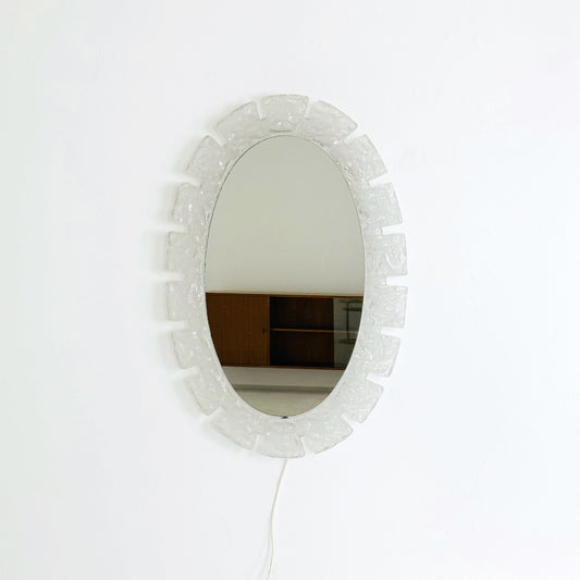 Mid century oval wall mirror with lighting and plexiglass edge by Hillebrand, 1960s