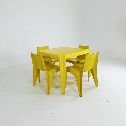 Yellow Set of 4 chairs & table Space age Bofinger BA1171 chair by Helmut Bätzner, 1970s