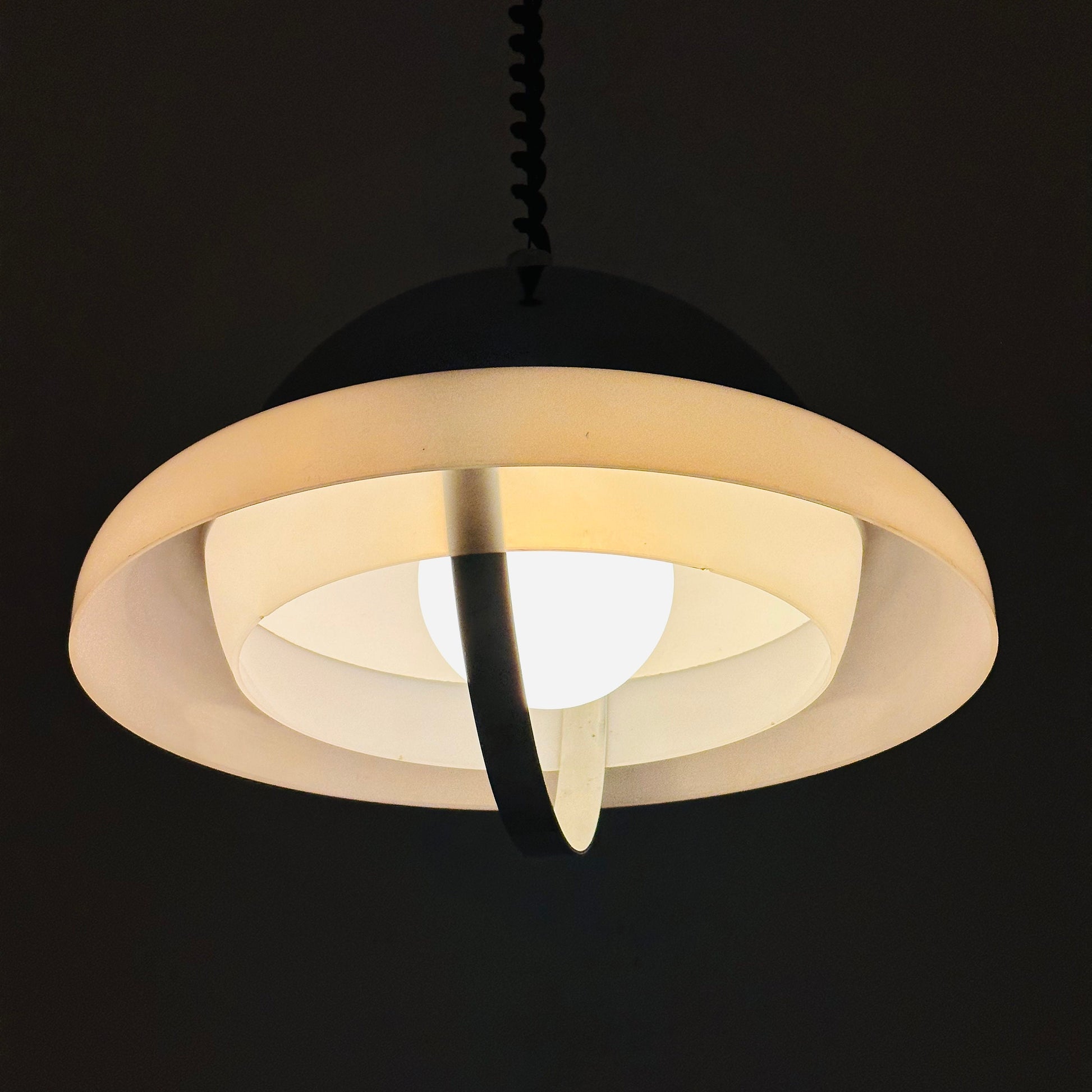 Wonderful Space Age Aluminum & White Acrylic Extendable Ceiling Lamp, 1970s Italy