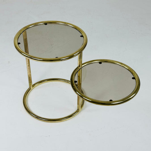 Mid-century brass smocked glass 2-tier swivel side table by Milo Baughman bauhaus 1980s