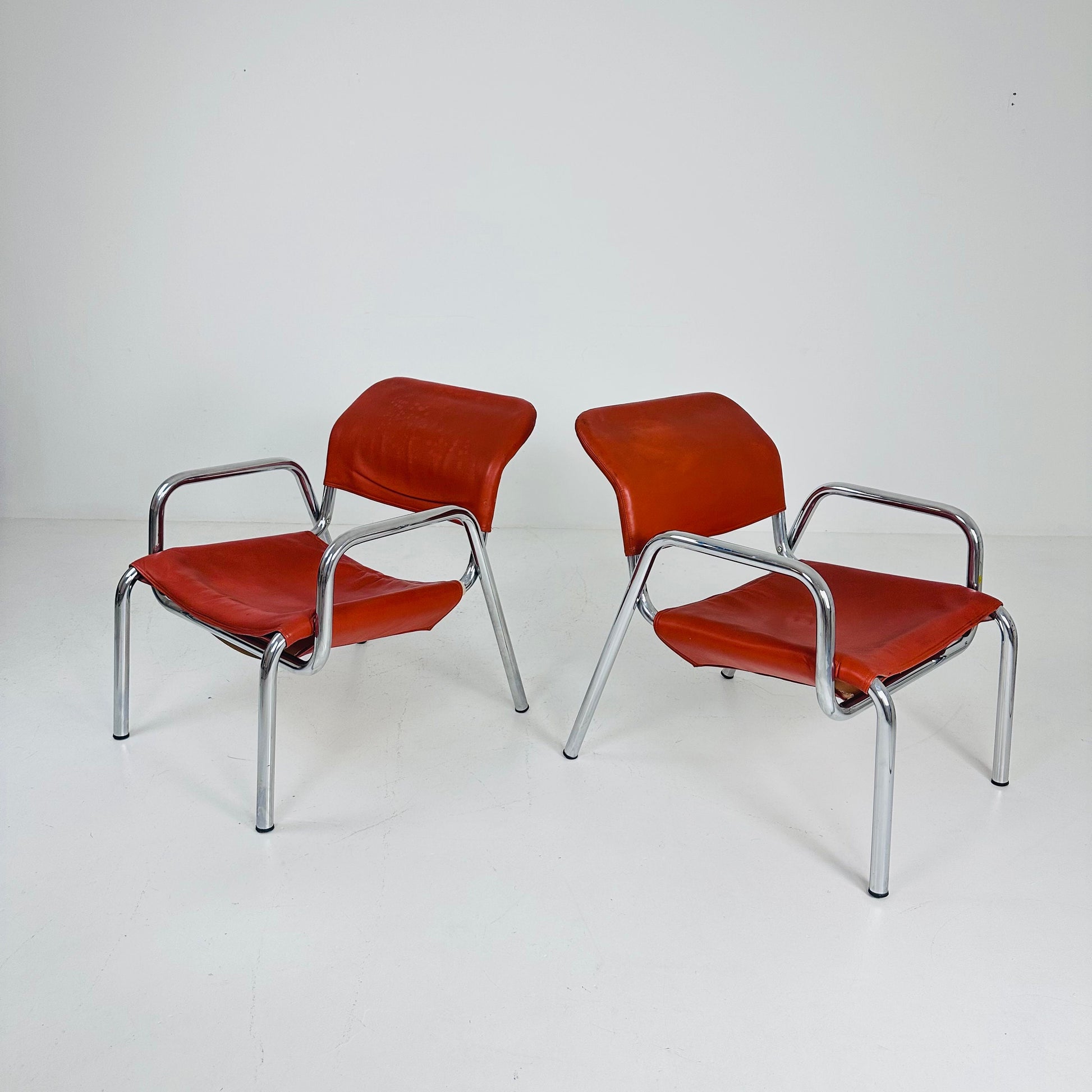 Set of 2 Mid century Bauhaus red leather chair s,Italy 1960s