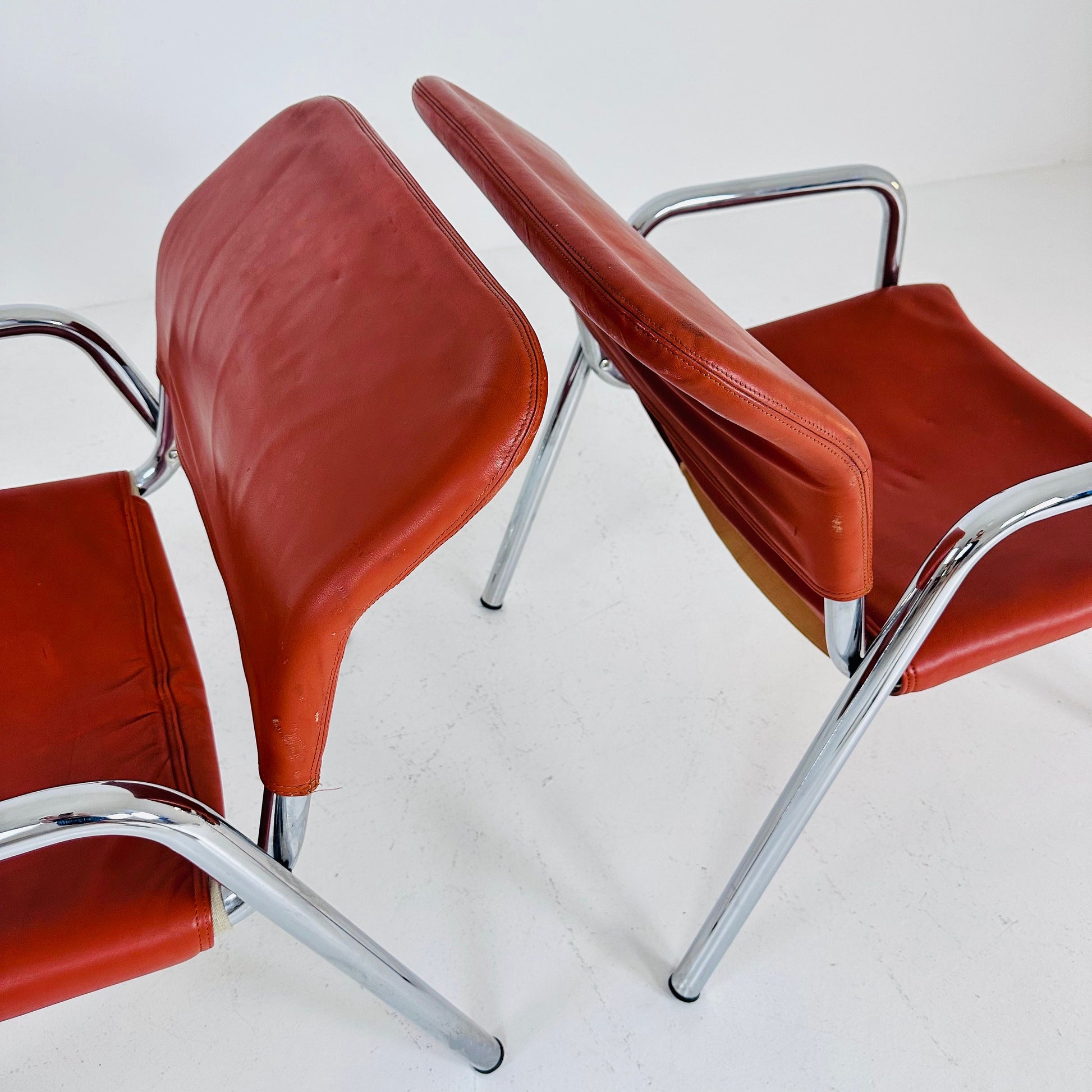 Set of 2 Mid century Bauhaus red leather chair s,Italy 1960s