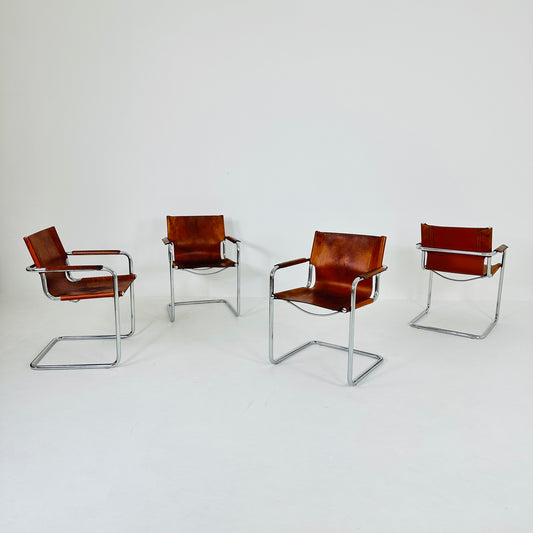set of 4 Matteo Grassi original Bauhaus design Visitor model Chair cognac Leather 1970s