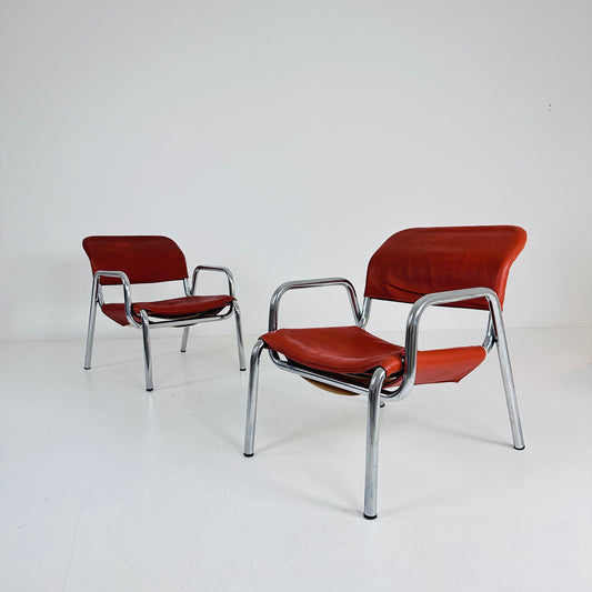 Set of 2 Mid century Bauhaus red leather chair s,Italy 1960s