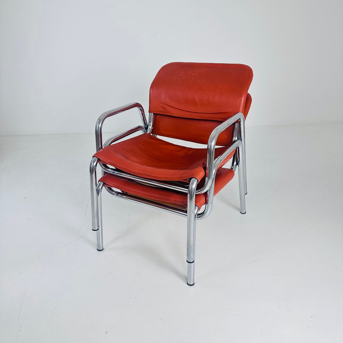 Set of 2 Mid century Bauhaus red leather chair s,Italy 1960s