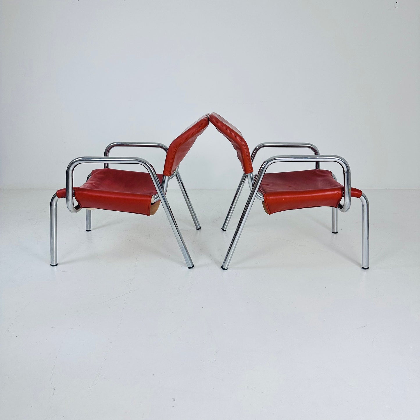 Set of 2 Mid century Bauhaus red leather chair s,Italy 1960s