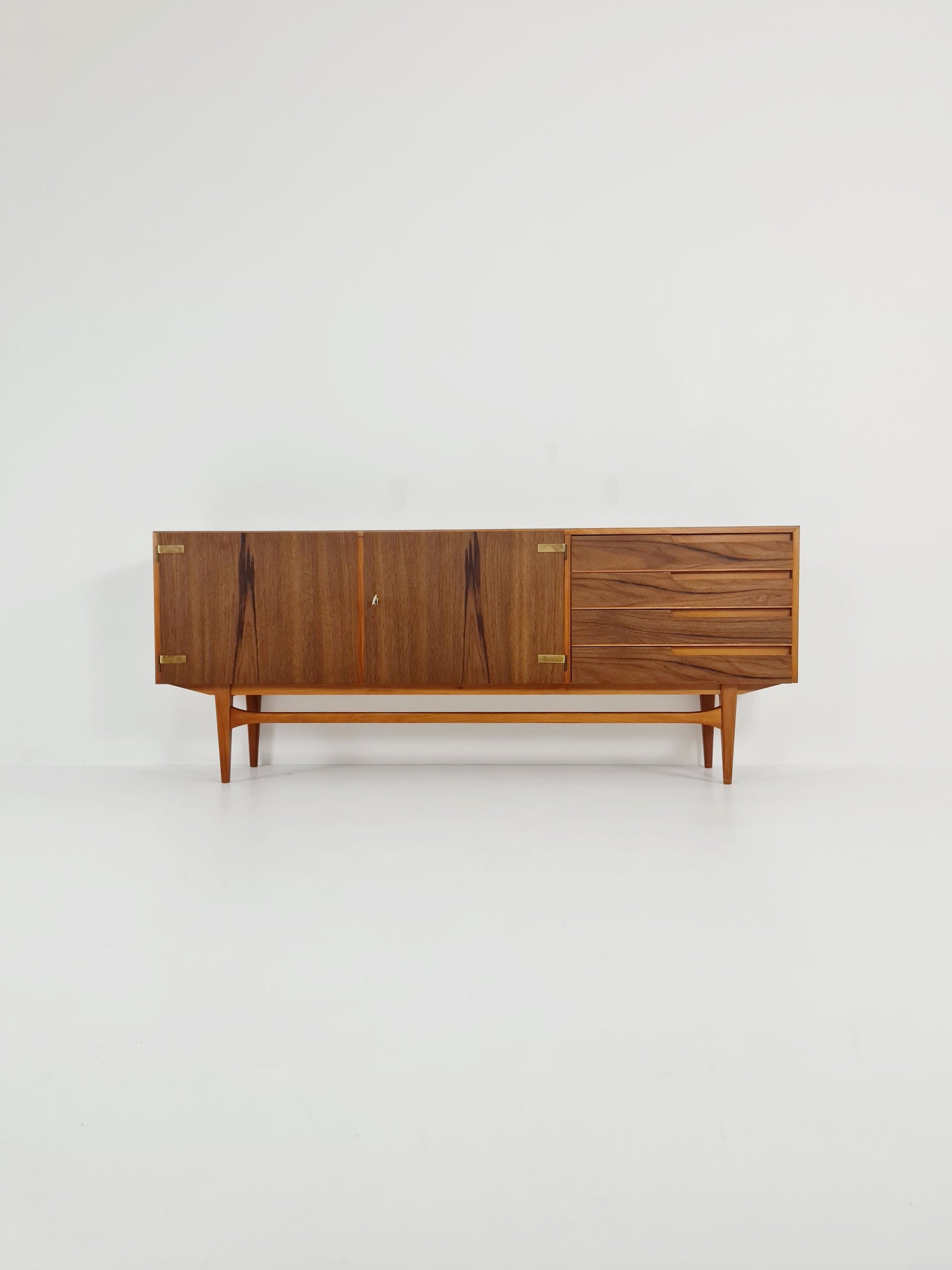 Mid Century Modern German Rare sideboard teak, elm & brass by D. Waldmann, 1960s