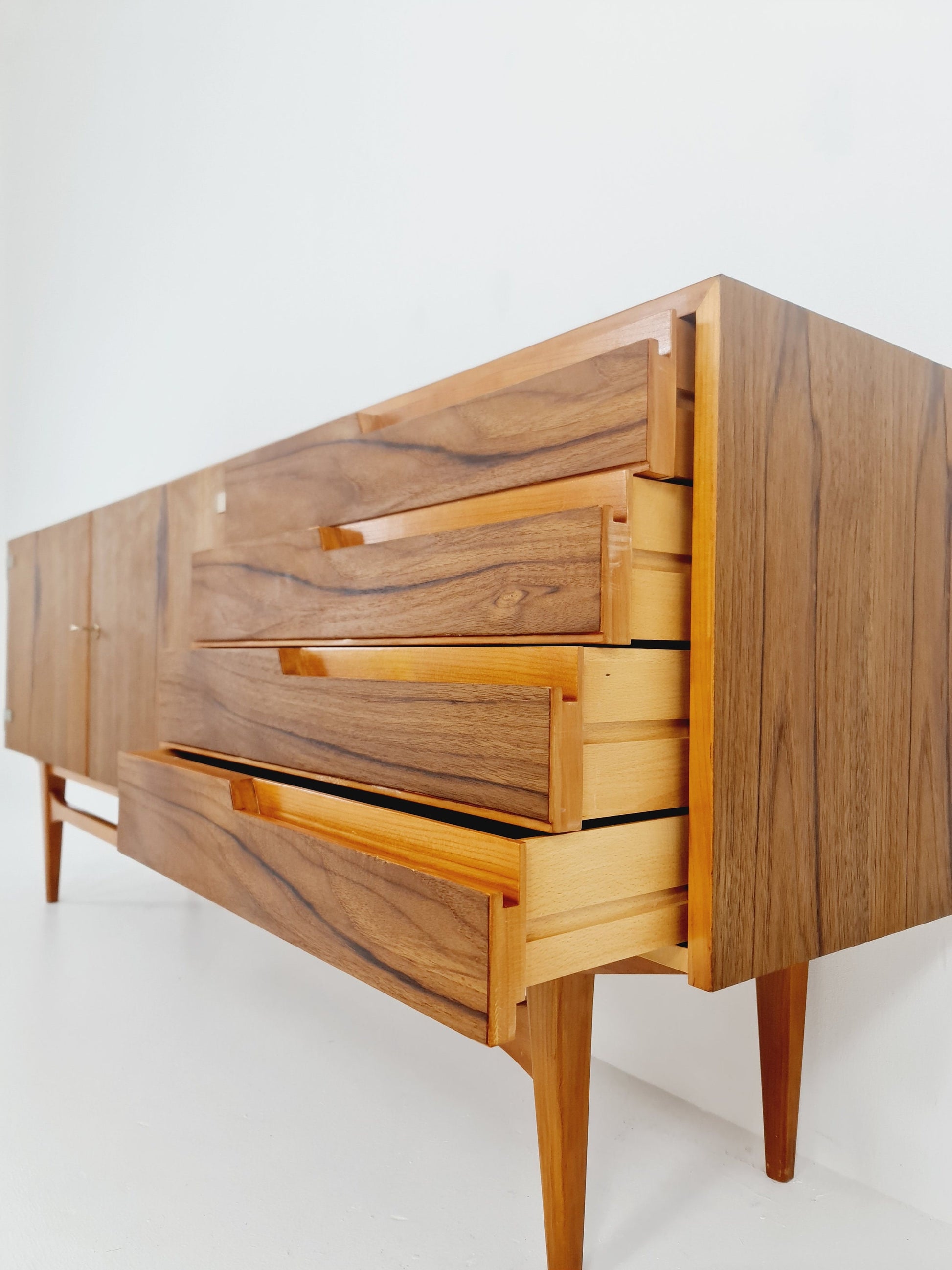 Mid Century Modern German Rare sideboard teak, elm & brass by D. Waldmann, 1960s