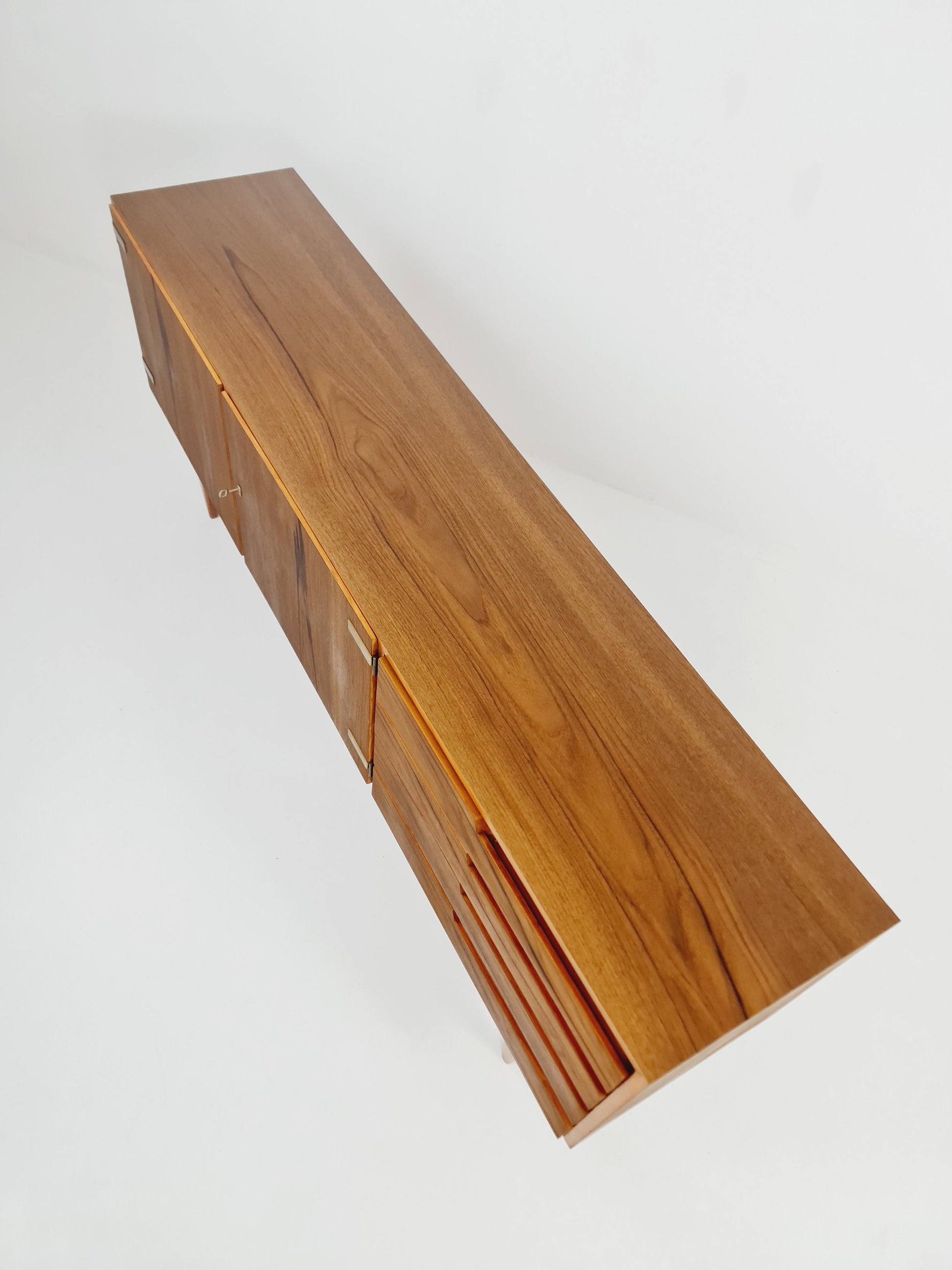 Mid Century Modern German Rare sideboard teak, elm & brass by D. Waldmann, 1960s