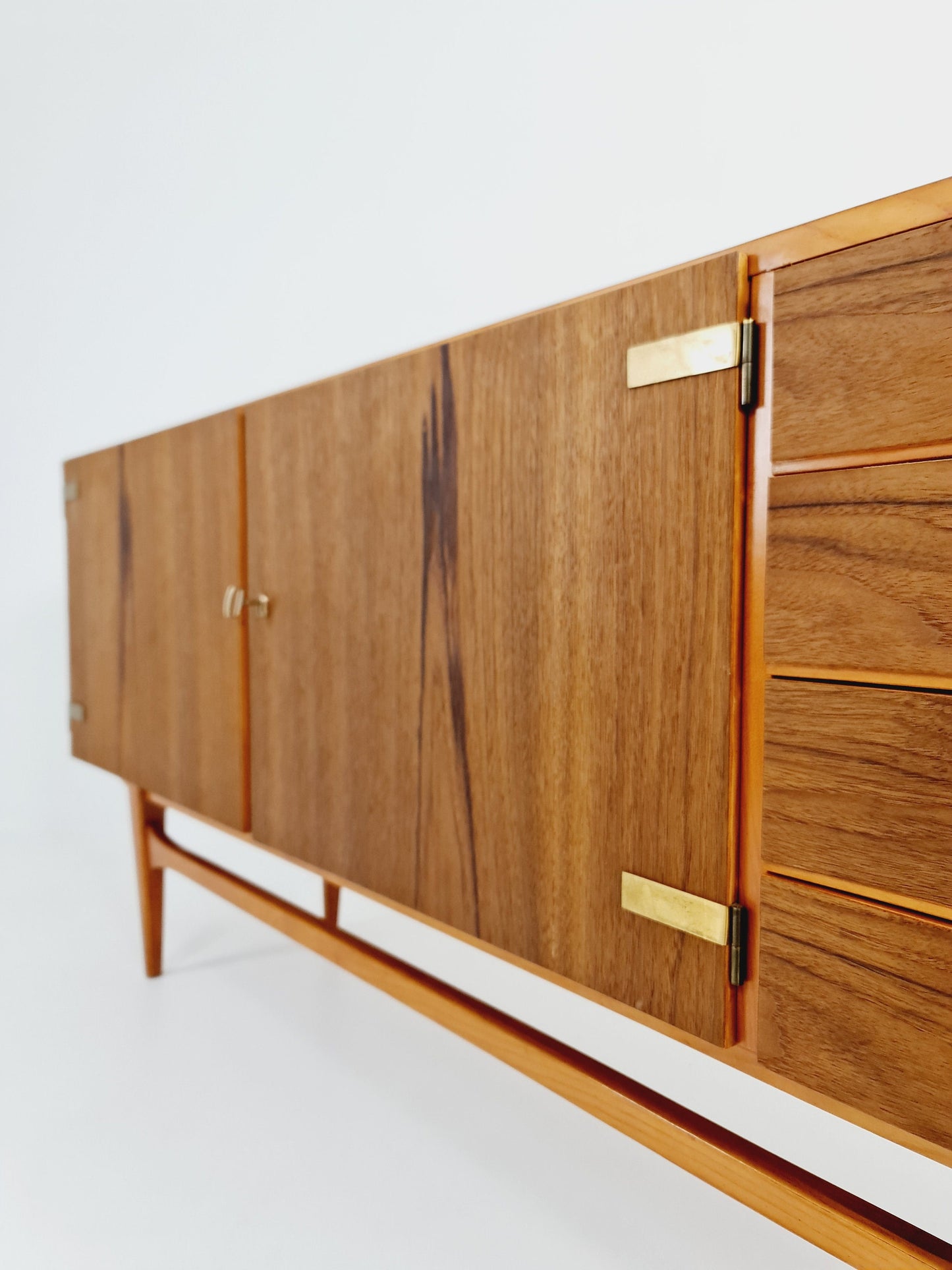 Mid Century Modern German Rare sideboard teak, elm & brass by D. Waldmann, 1960s