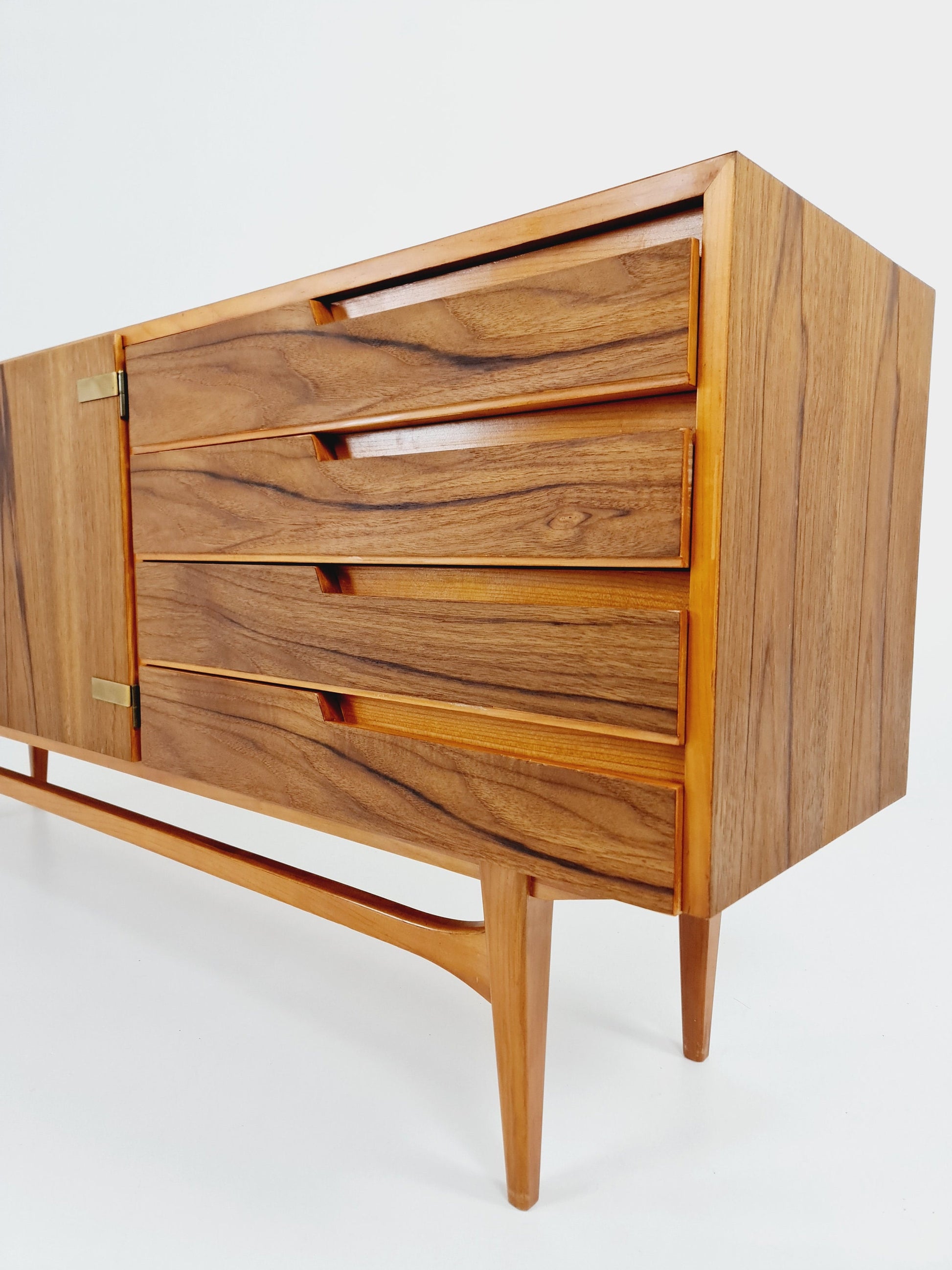 Mid Century Modern German Rare sideboard teak, elm & brass by D. Waldmann, 1960s