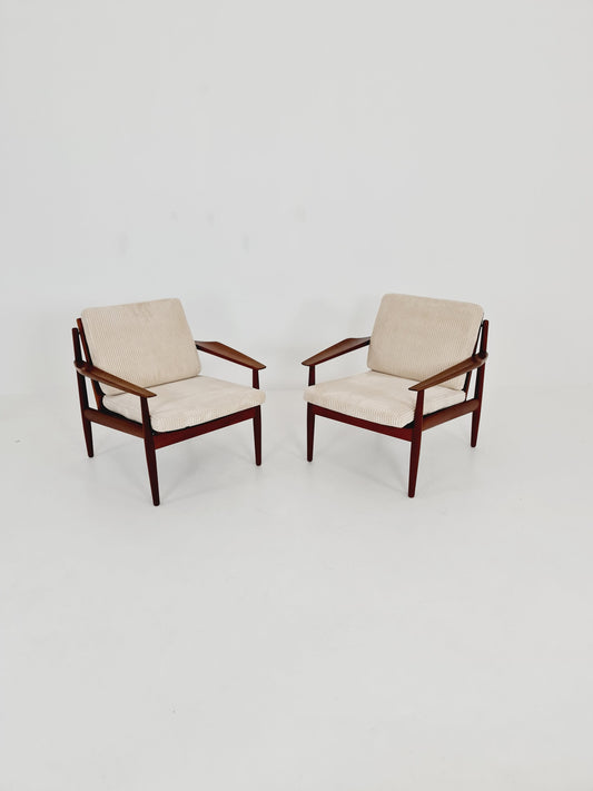 Mid century easy lounge chairs by Grete Jalk, Denmark, teak & brass, 19560s, Set of 2