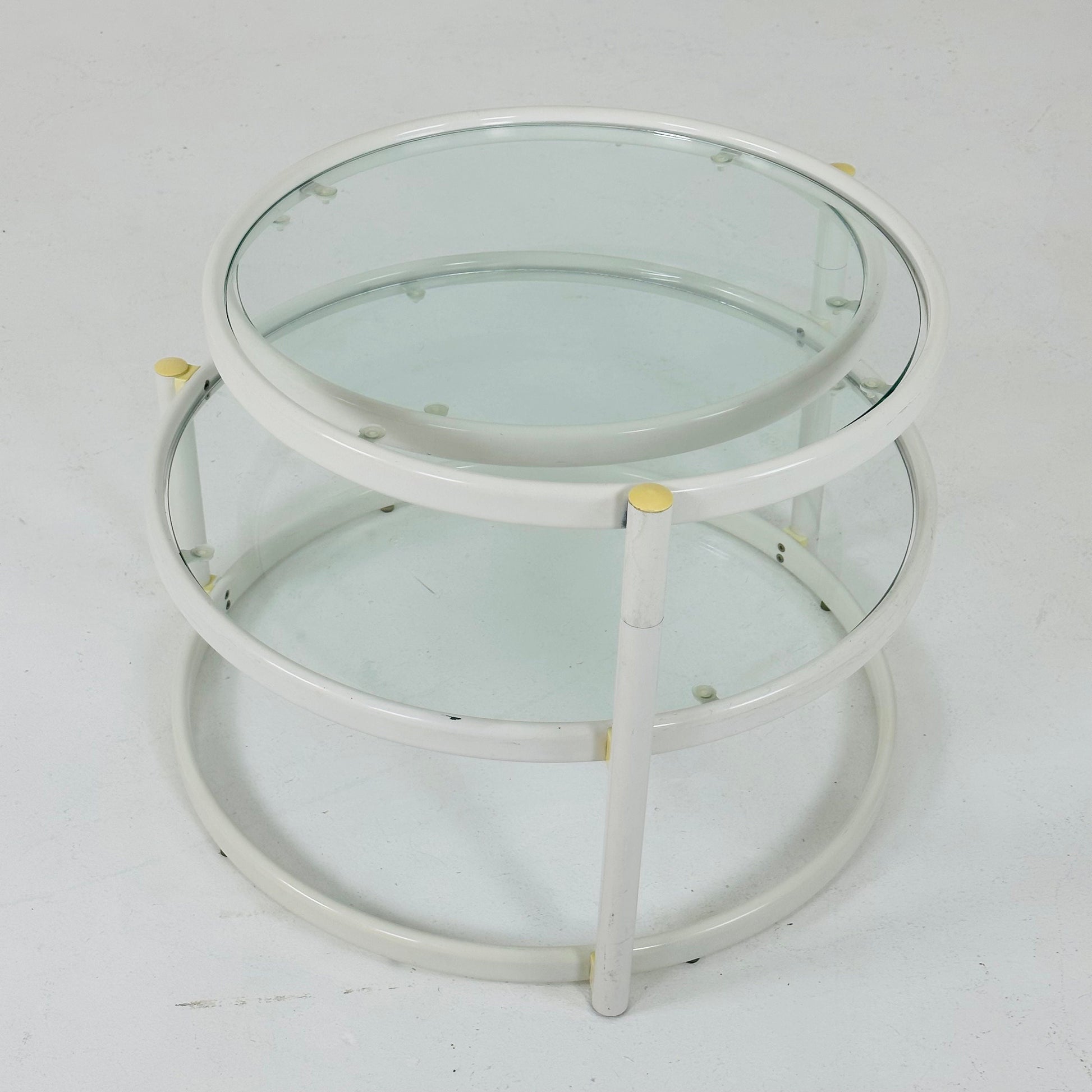 Mid-Century Modern Tiered Glass & white metal Coffee Table /couch table 1970s