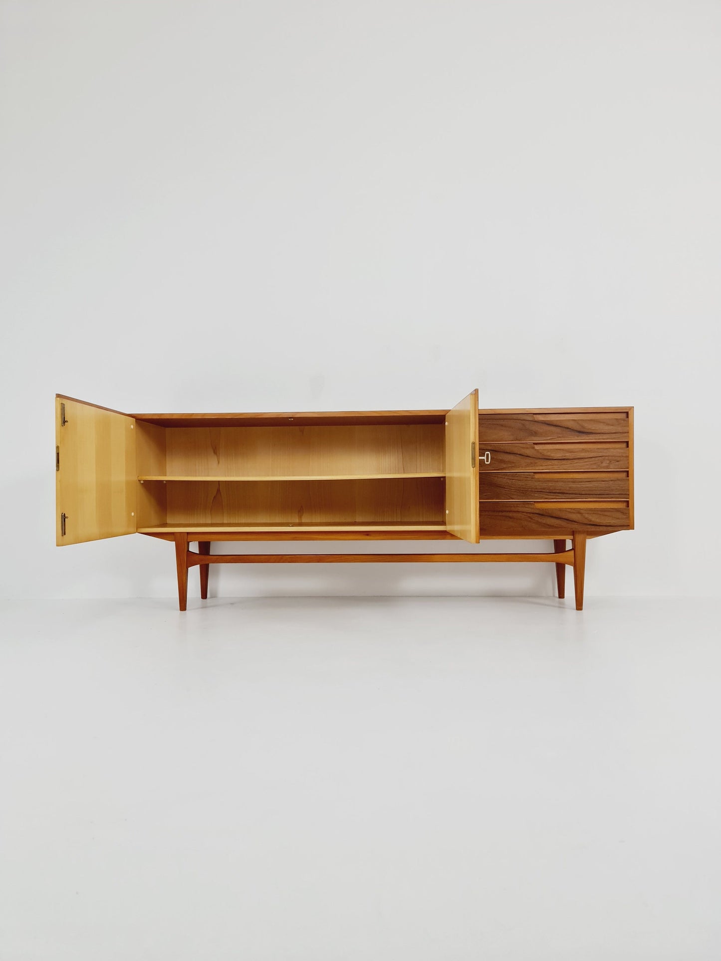 Mid Century Modern German Rare sideboard teak, elm & brass by D. Waldmann, 1960s