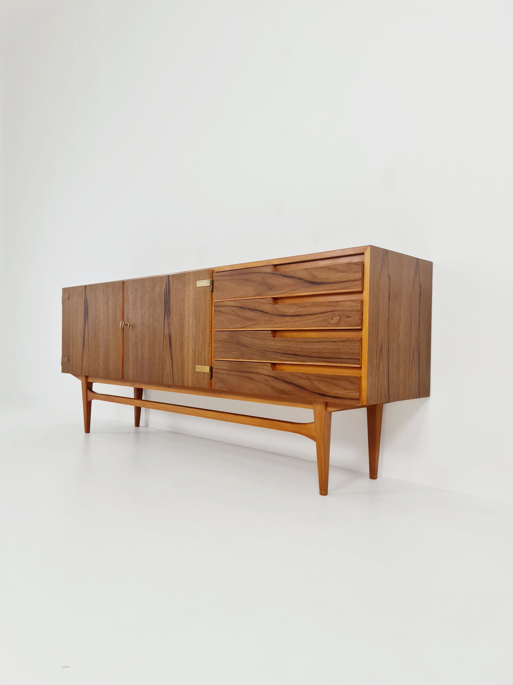 Mid Century Modern German Rare sideboard teak, elm & brass by D. Waldmann, 1960s
