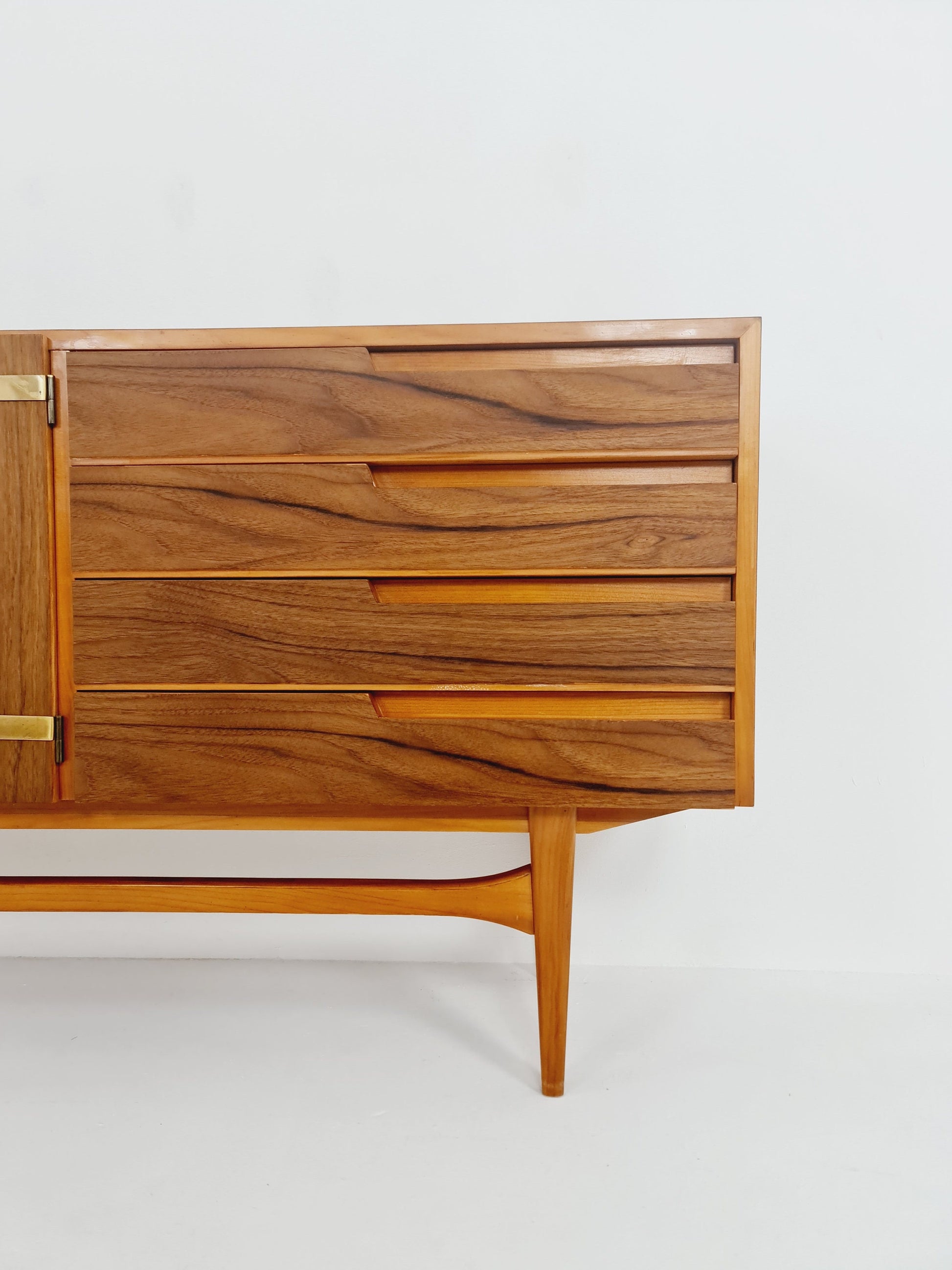 Mid Century Modern German Rare sideboard teak, elm & brass by D. Waldmann, 1960s