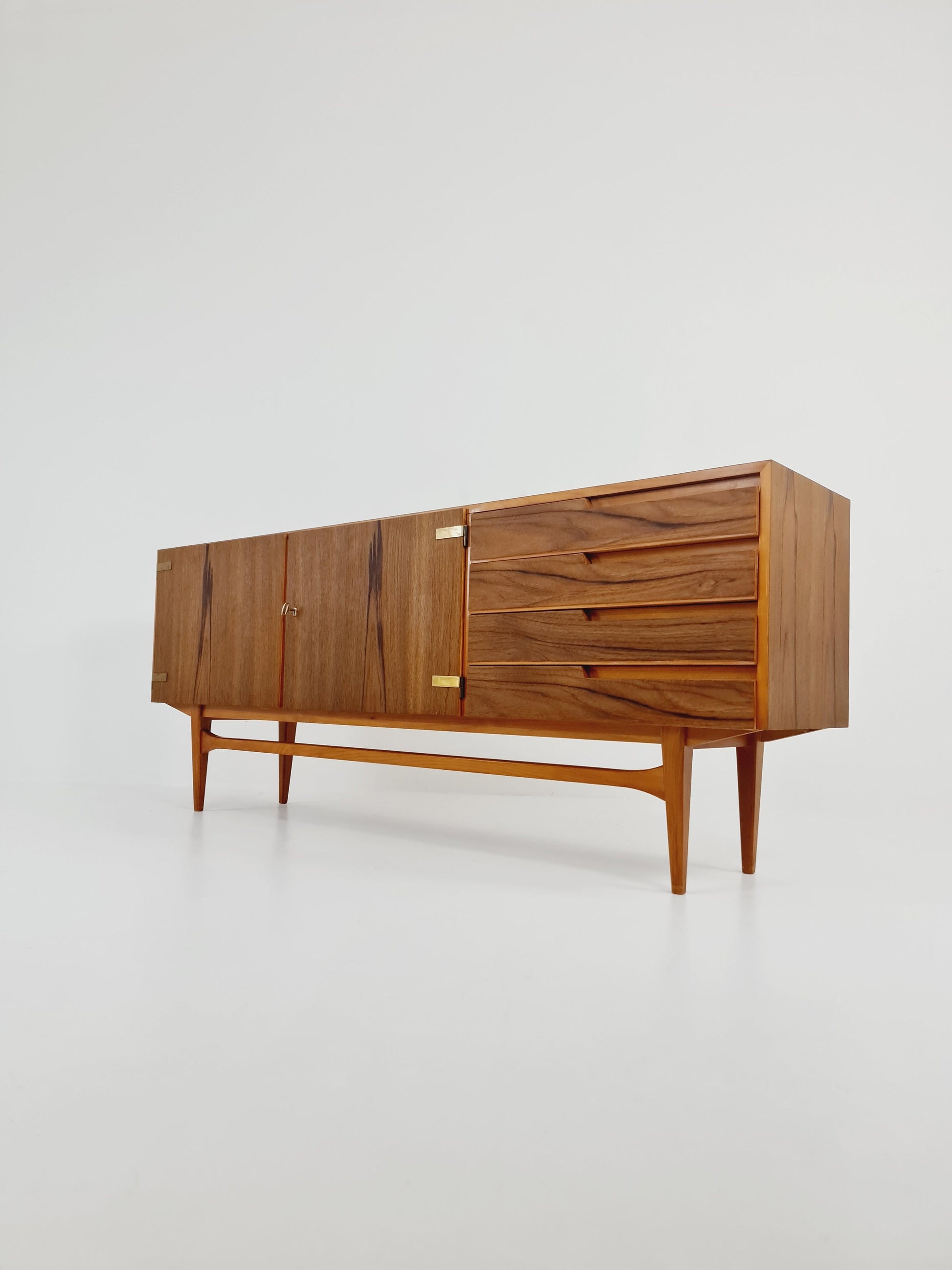 Mid Century Modern German Rare sideboard teak, elm & brass by D. Waldmann, 1960s