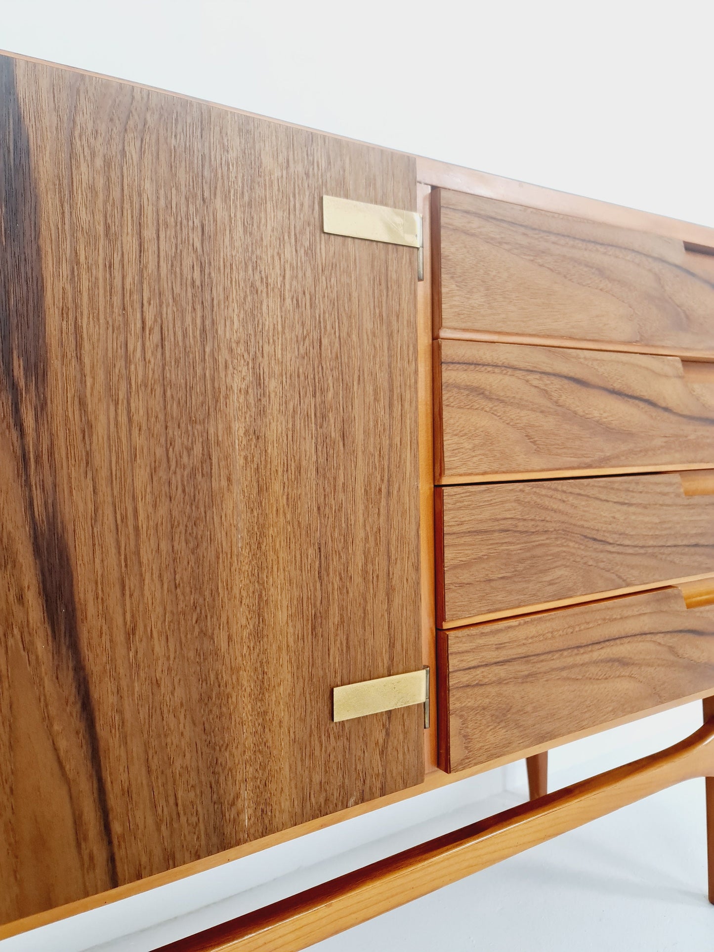 Mid Century Modern German Rare sideboard teak, elm & brass by D. Waldmann, 1960s