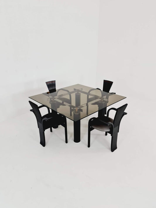 Set of 4 Mid Century Totem dining chairs by Torstein Nilsen for Westnofa with Italian design dining table .Norway 1980s