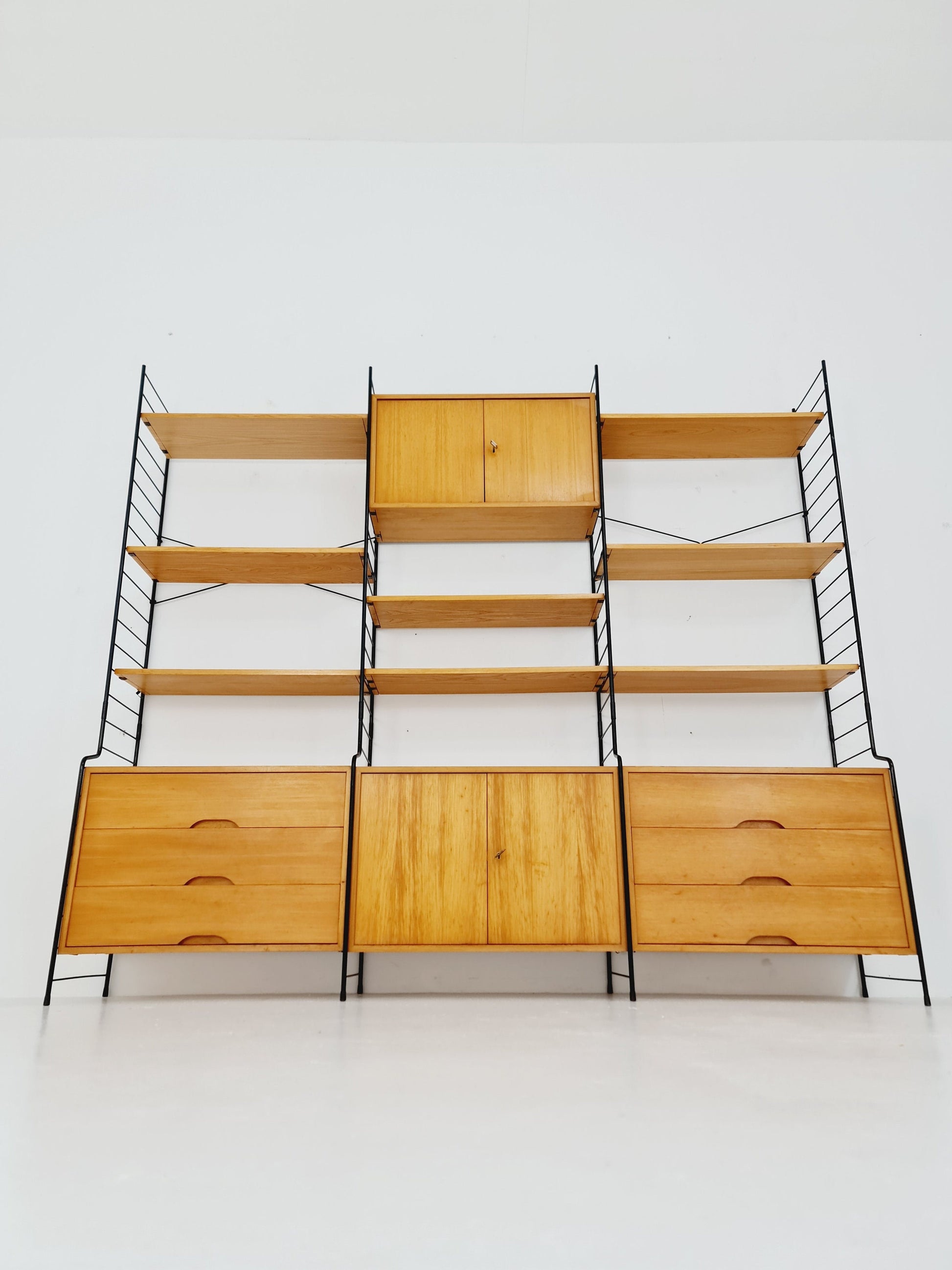 Mid century String shelf-system, bookcase with lighting Oak by WHB Germany, 1950s