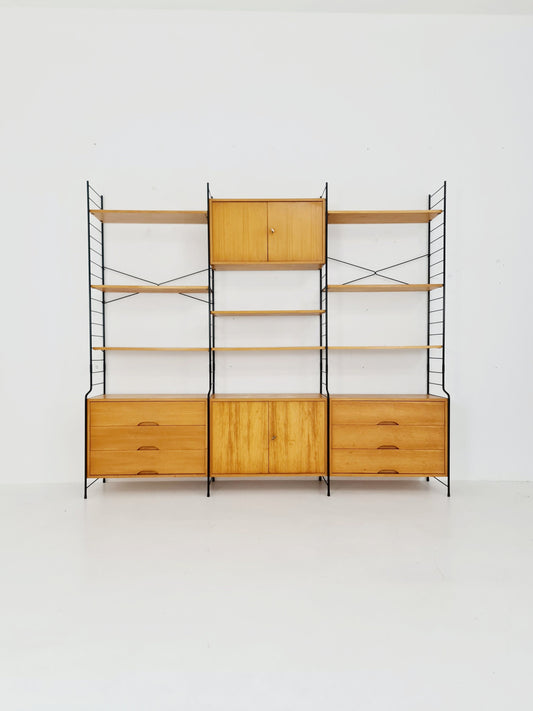 Mid century String shelf-system, bookcase with lighting Oak by WHB Germany, 1950s