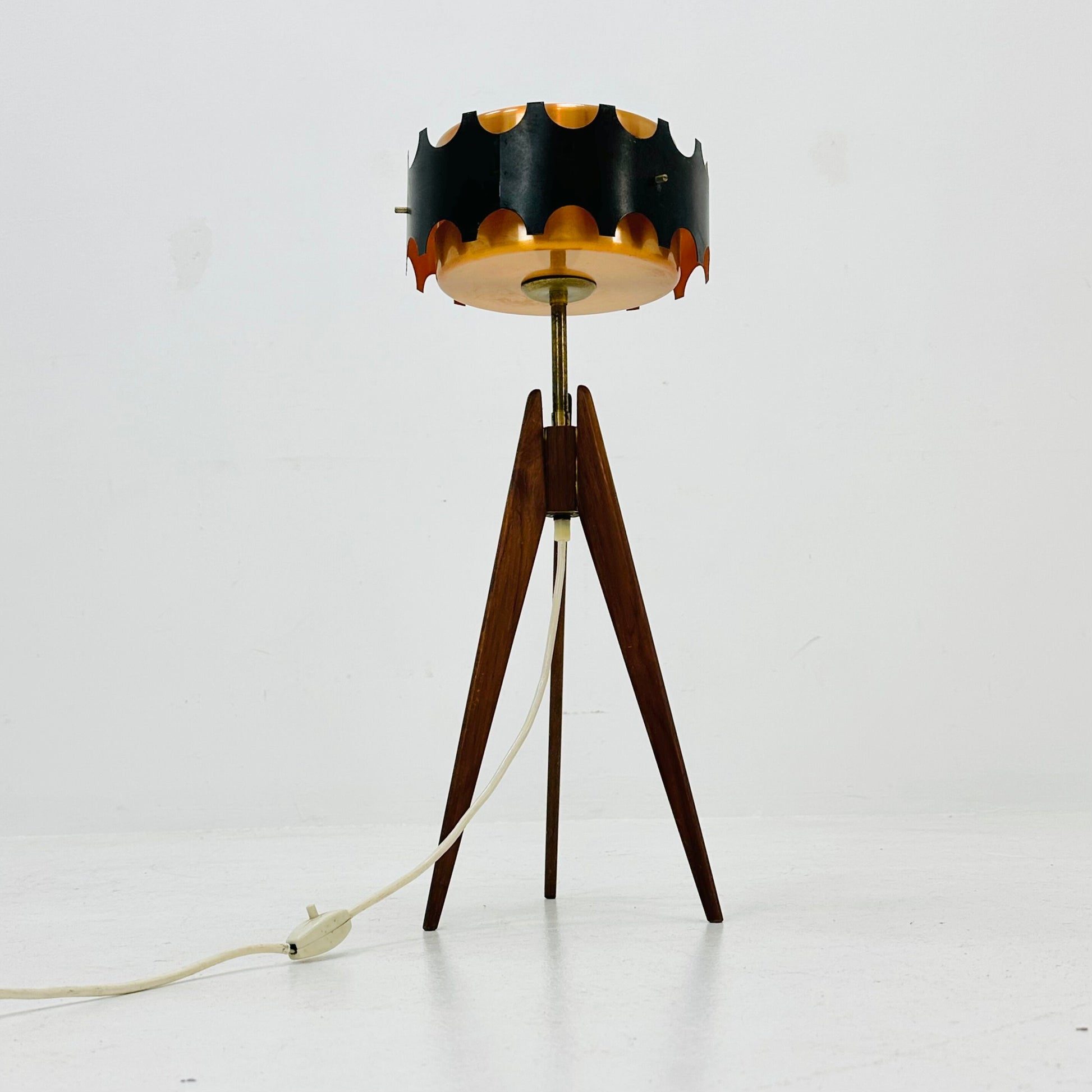 Vintage teak tripod leg floor lamp with gold-copper color shade , 1970s