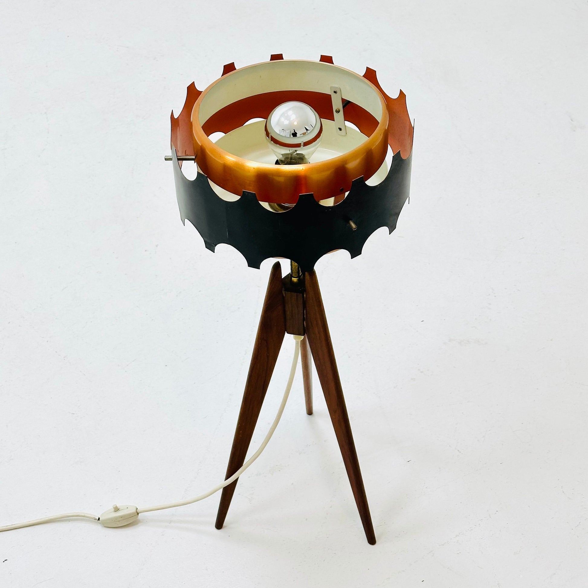 Vintage teak tripod leg floor lamp with gold-copper color shade , 1970s