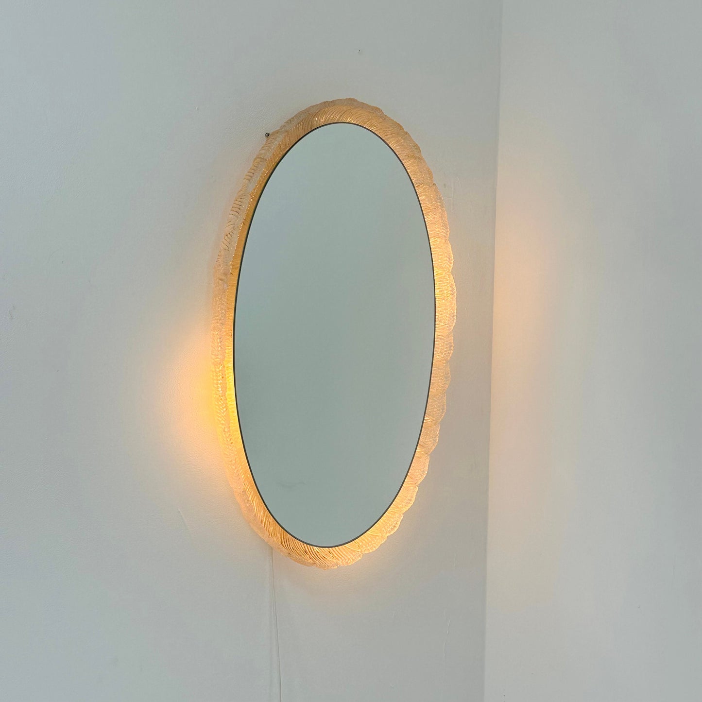 Mid century oval illuminated acrylic glass frame mirror by Hillebrand 1970s
