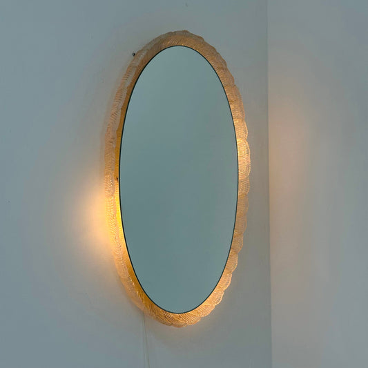 Mid century oval illuminated acrylic glass frame mirror by Hillebrand 1970s