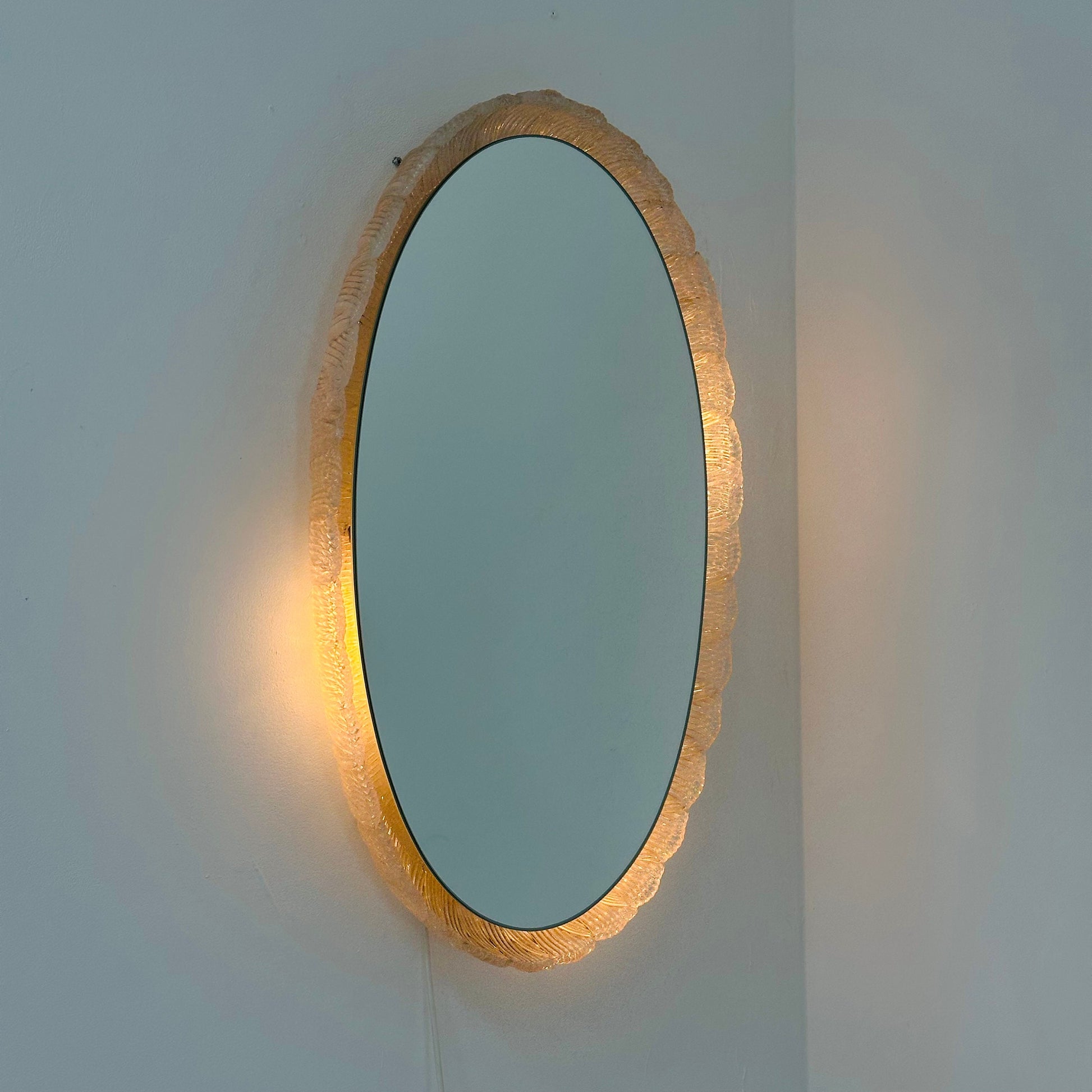 Mid century oval illuminated acrylic glass frame mirror by Hillebrand 1970s